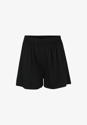 Shorts noirs en tissu doux, dotés d'une large taille élastique et d'une coupe ample pour plus de confort. Longueur courte et texture lisse.