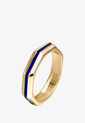 Anillo octogonal de oro con superficie lisa, que presenta dos franjas de esmalte azul. El acabado pulido realza su calidad reflectante.