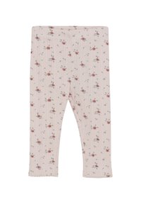 Ljust rosa leggings gjorda av mjukt tyg med ett blommönster med små rosor, vertikala ränder och vågigt fåll i nederkanten.