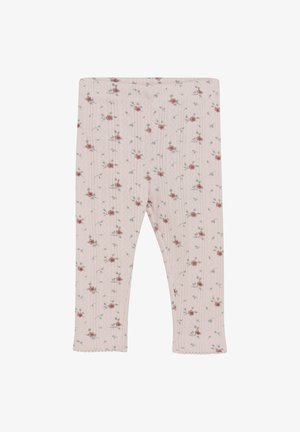 Lichtroze leggings van zachte stof met een bloemenpatroon van kleine rozen, verticale strepen en een geschulpt rand aan de onderkant.