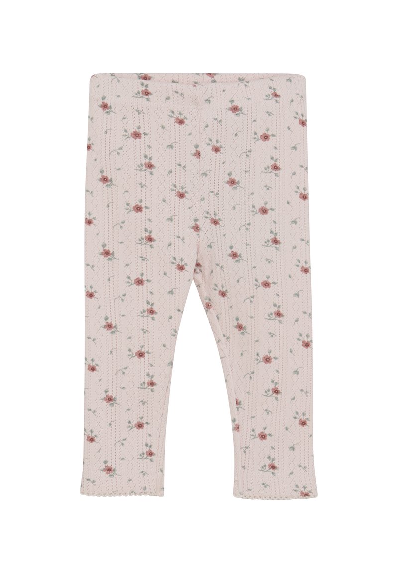 Ljust rosa leggings gjorda av mjukt tyg med ett blommönster med små rosor, vertikala ränder och vågigt fåll i nederkanten.