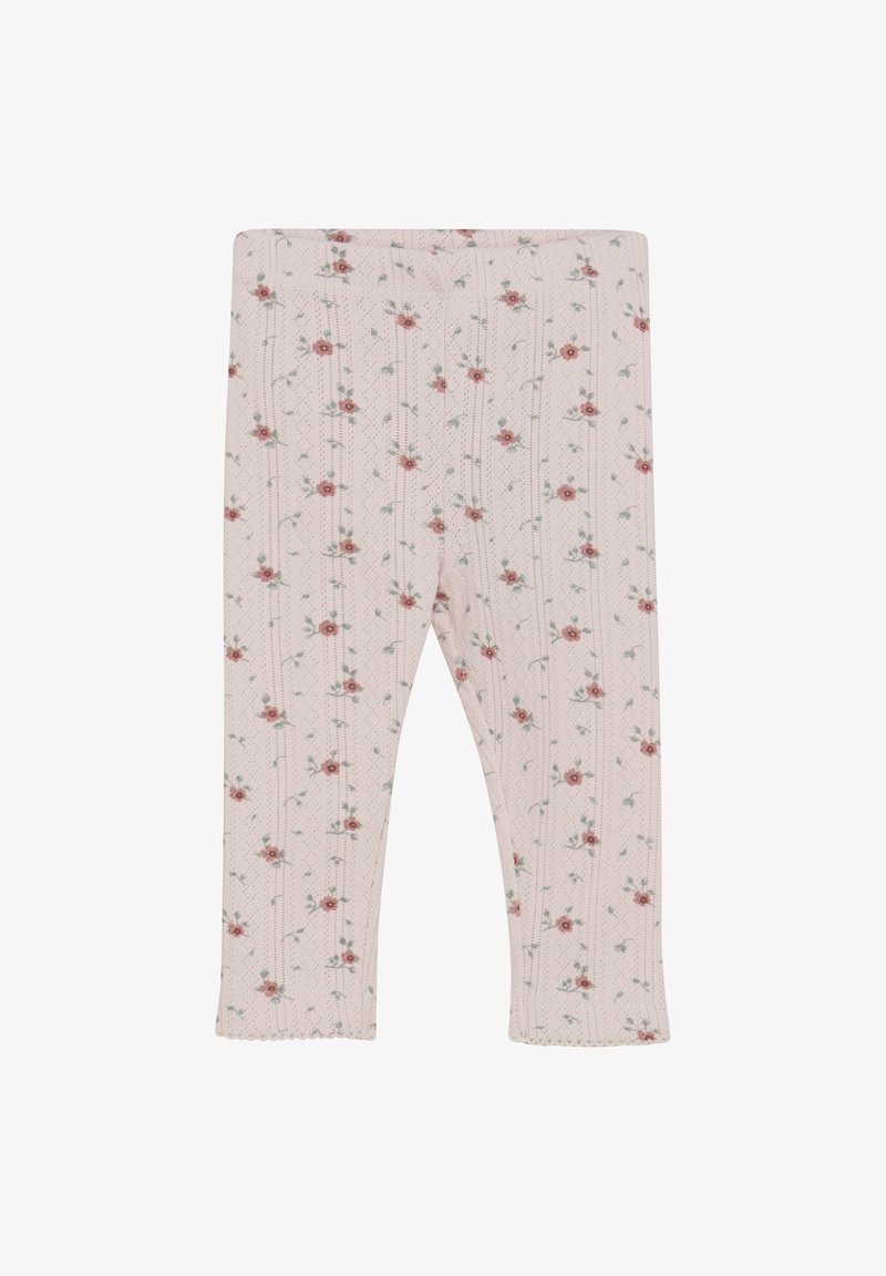 Ljust rosa leggings gjorda av mjukt tyg med ett blommönster med små rosor, vertikala ränder och vågigt fåll i nederkanten.