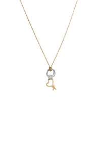 Gouden ketting met een zilveren en gouden hangertje met verstrengelde ringen en een hartdetail, die gemengde metalen en gladde texturen laat zien.