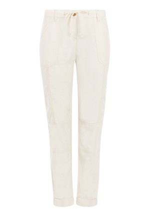 Off-white casual broek met voorzakken met klep, een taille met knoop en trekkoord, zichtbare stiksels en omgeslagen pijpen.