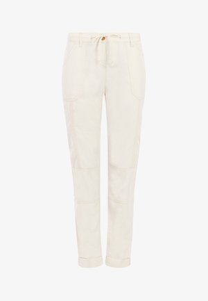 Off-white casual pants with front patch pockets, a button and drawstring waist, visible stitching, and rolled-up cuffs.