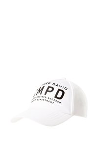 White cap with a curved visor and adjustable strap, featuring bold black text: "CAMP DAVID MPD" and "ACHIEVE-SUCCEED" on the front.