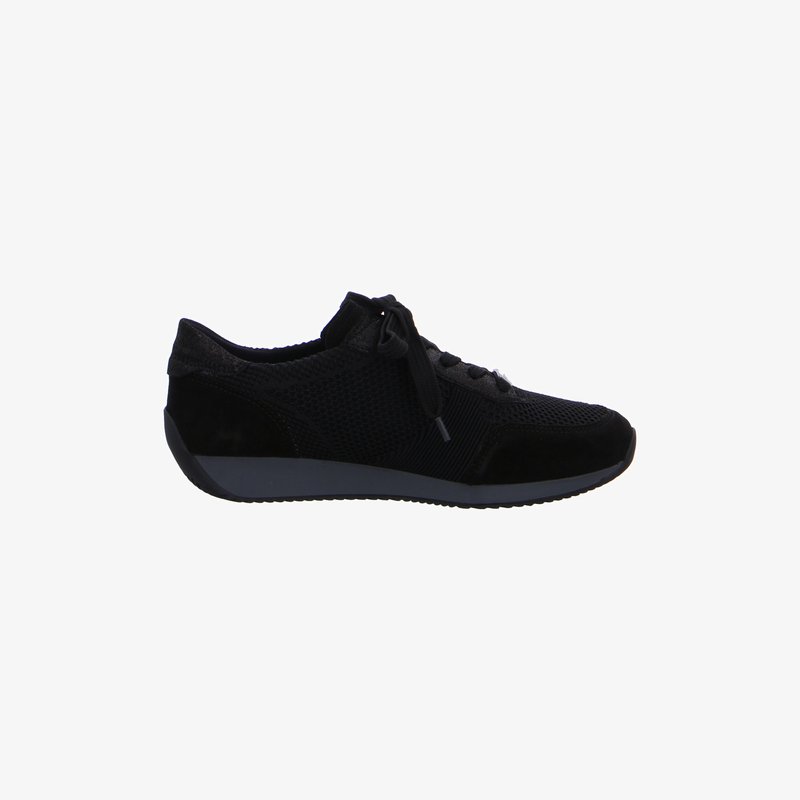 Black mesh and suede sneaker with lace-up closure and low-profile sole, shown from the side on a white background.