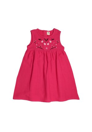 Rosa ärmelloses Baumwollkleid mit ausgestelltem Rock und floralem Stickerei, das Kirschen und Blätter nähe des Ausschnitts zeigt. Mit Knopfverschluss auf der Rückseite.