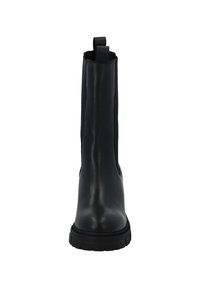 Black leather ankle boot with a smooth texture, featuring a slightly elongated shape, thick black rubber sole, and a pull tab at the back.