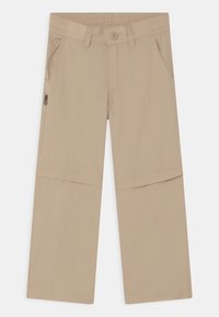 Beige cargo kalhoty vyrobené z lehkého materiálu, s elastickým pasem, zapínáním na knoflík, bočními kapsami a zipovým otvorem na nohavicích.