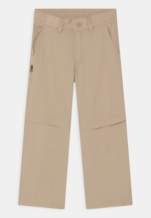 Beige Cargo-Hosen aus leichtem Stoff, mit elastischem Bund, Knopfverschluss, Seitentaschen und Reißverschluss am Bein.