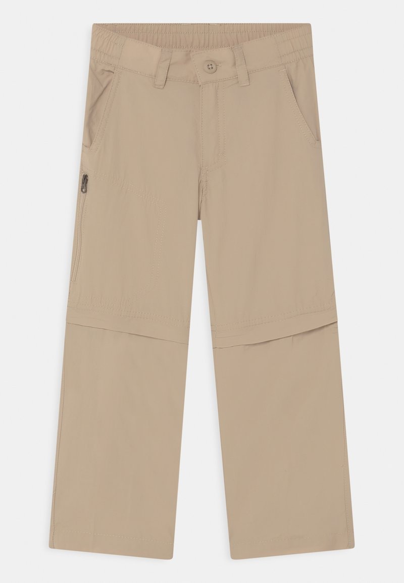 Beige cargo kalhoty vyrobené z lehkého materiálu, s elastickým pasem, zapínáním na knoflík, bočními kapsami a zipovým otvorem na nohavicích.