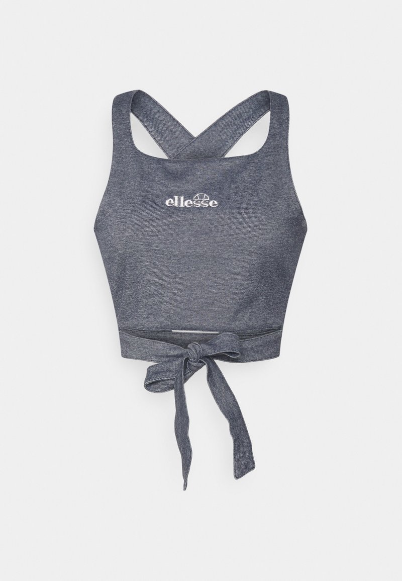 Haut court de sport gris foncé avec bretelles croisées et nœud à l'avant, arborant le logo blanc d'Ellesse sur la poitrine.
