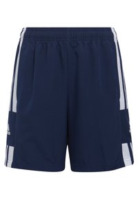 Navy blue athletic shorts with white side stripes, elastic waistband, and a smooth texture. Features brand logo on the lower left side.