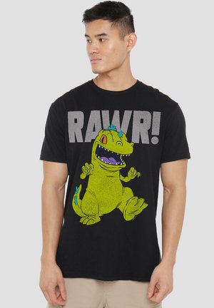 Schwarzes T-Shirt mit einem leuchtend grünen Dinosaurier-Graphic und einem blauen Akzent. Der Text "RAWR!" ist in großen grauen Buchstaben über dem Design aufgedruckt.
