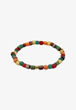 Stretcharmband mit runden, mehrfarbigen Perlen in Orange, Grün, Rot, Braun, Gelb und Gold, die in einem wiederholenden Muster angeordnet sind.