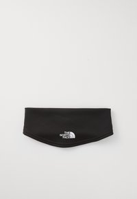 Black fabric headband made of stretchy material, featuring a white logo of "The North Face" on the front, with a smooth texture and contoured shape.