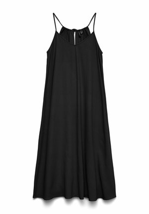 Vestido largo negro sin mangas con finas tiras tipo espagueti y cierre trasero abullonado con abertura en forma de ojo de cerradura.