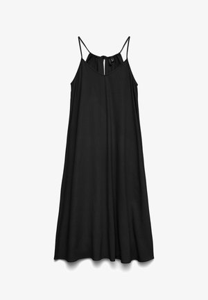 Robe longue noire sans manches avec de fines bretelles spaghetti et une fermeture au dos en forme d'œillet froncé.