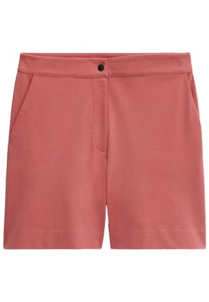 Shorts taille haute couleur rose poussiéreuse avec poches avant, fermeture par boutons devant et un design épuré et ajusté.