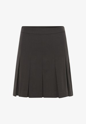 Sötétszürke, redőzött szoknya lapos derékkal. Simább, strukturált anyagból készült, egyenletesen elhelyezett függőleges redőkkel.