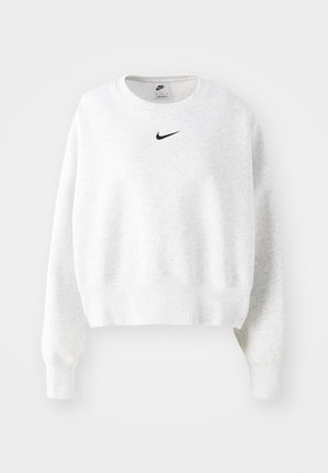 Light gray sweatshirt made of soft fabric with a crew neckline, long sleeves, and a black Nike logo on the chest. Cropped design.