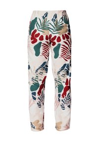 Spodnie w kwiatowy wzór w różnych odcieniach zieleni, czerwieni i beżu. Wykonane z lekkiego materiału z elastycznym pasem dla wygody.