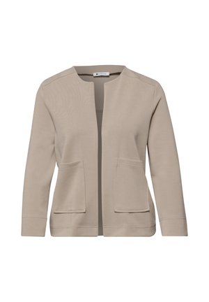 Cardigan beige à ouverture frontale, manches longues, col rond et deux poches plaquées à l'avant.