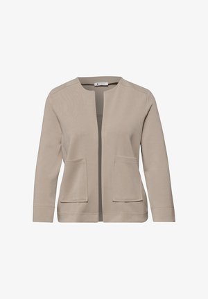 Cardigan beige à ouverture frontale, manches longues, col rond et deux poches plaquées à l'avant.