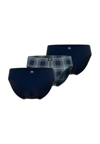 Drei Paare Herrenunterwäsche: schlicht dunkelblau, dunkelblau mit Karomuster, alle aus einem weichen Stoff mit elastischen Bündchen.