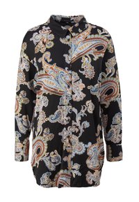 Chemise noire à manches longues avec boutons, ornée d'un motif paisley coloré dans des tons d'orange, bleu, beige et blanc.