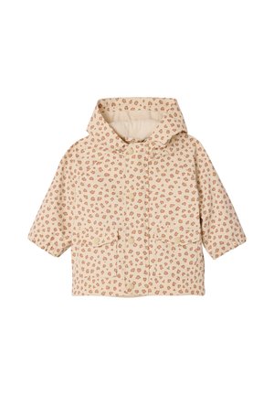 Beige hooded children's jacket with brown leopard spots, snap button closure, and two front flap pockets.