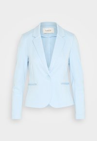 Jasnoniebieska marynarka wykonana z miękkiego materiału, z klapami w kształcie notcha, zapięciem na jeden guzik oraz dwoma przednimi kieszeniami z lam�ówką.