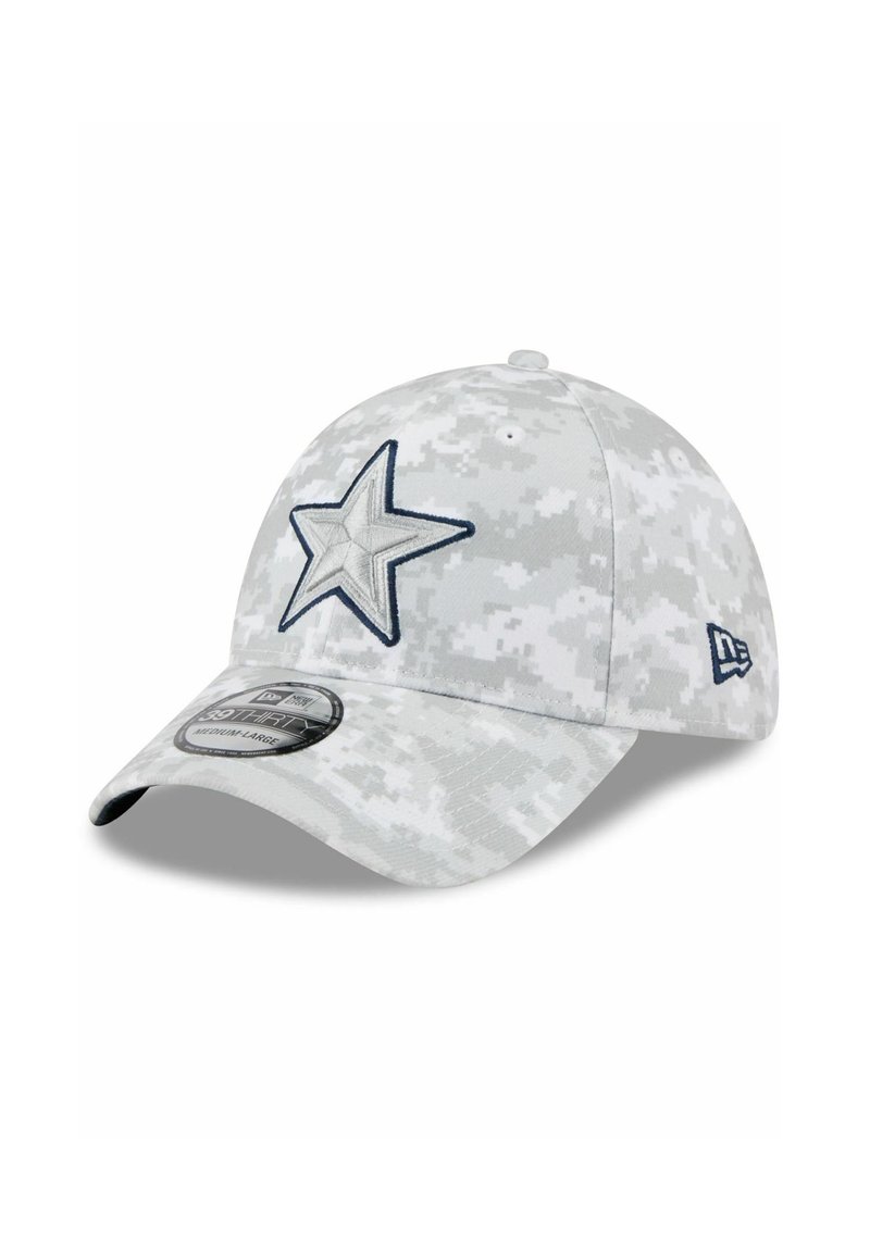 Grau camo Cap mit gebogenem Schirm, besticktem Stern in Marineblau und New Era-Logo an der Seite. Hergestellt aus Stoff mit strukturiertem Finish.