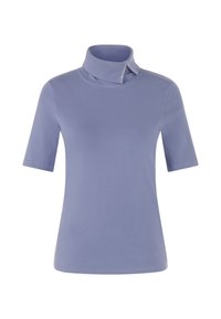 Purple short-sleeve turtleneck top featuring a folded collar and smooth texture, with a subtle logo on the hem.