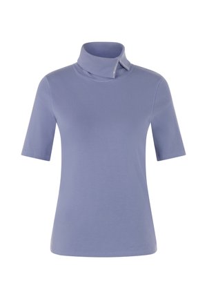 Purple short-sleeve turtleneck top featuring a folded collar and smooth texture, with a subtle logo on the hem.