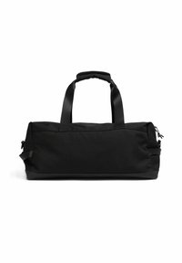 Sac de sport noir rectangulaire avec un compartiment principal zippé et deux poignées courtes, fabriqué en tissu durable.