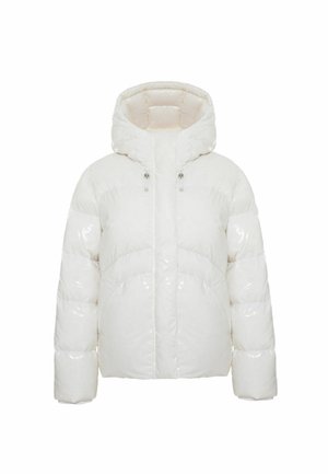 Weißer, pufferartiger Mantel mit glänzender Oberfläche, Kapuze und Reißverschluss vorne. Verfügt über genähte Abschnitte und eine kastige Silhouette.
