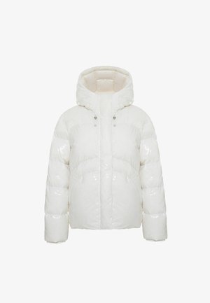 Bela puhasta jakna z sijočim zaključkom, kapuco in sprednjim zadrgo. Ima šivane sekcije in kvadratno silhueto.