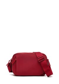 Borsa a tracolla rossa realizzata in materiale liscio, forma rettangolare, tracolla regolabile e chiusura con zip, dal design minimalista e senza schemi visibili.