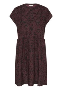 Robe fleurie en rouge sombre avec un col rond, des manches courtes, une fermeture à boutons à l'avant et une taille froncée pour un ajustement décontracté.