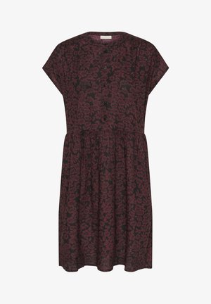 Blomsterkjole i mørkerød med rund halsudskæring, korte ærmer, knaplukning foran og en samlet talje for en afslappet pasform.