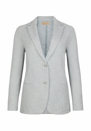 Ljust grå, texturerad blazer med slagkrage, enkel knappstängning, två framfickor och ett mönstrat foder.