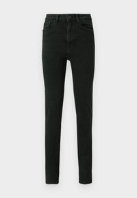 Magasan szabott, fekete slim fit farmerek, enyhén strukturált denim anyagból, öt zsebbel és elöl gombos záródással.