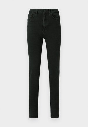 Højtaljede sorte jeans i slim fit, lavet af denim med subtil struktur, med fem lommer og lukning foran med knap.