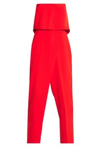 Pantalon rouge taille haute avec un design structuré à effet drapé, doté d'une finition en tissu lisse et de jambes fuselées pour un look ajusté.
