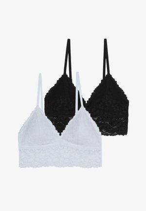 Set de două bralette-uri cu cupe triunghiulare acoperite cu dantelă, unul alb și unul negru, ambele cu bretele subțiri și ajustabile.