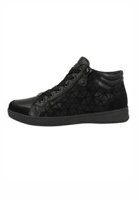 Baskets montantes noires en cuir et daim, avec un motif géométrique, un système de laçage et une fermeture éclaire sur le côté pour un accès facile.