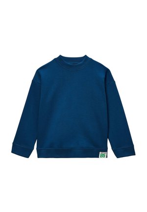 Sweat-shirt bleu marine à manches longues avec col rond, poignets et ourlet côtelés, présentant un petit écusson vert et blanc "Sport Club 85" près de l'ourlet inférieur.