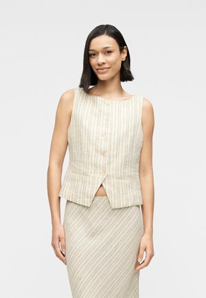 Beige Leinenweste mit vertikalen Streifen, rundem Ausschnitt und Knopfleiste vorne. Verfügt über zwei Seitentaschen und einen geteilten Saum.